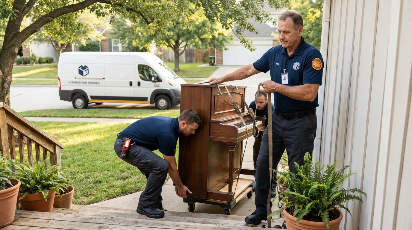 Licensed piano movers securing grand piano in Kirtland, NM
