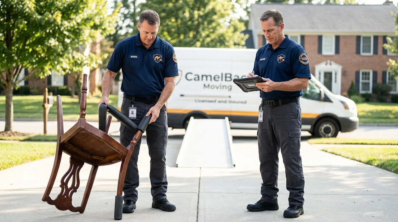 Movers inspecting furniture for damage prevention before loading in Kirtland, NM