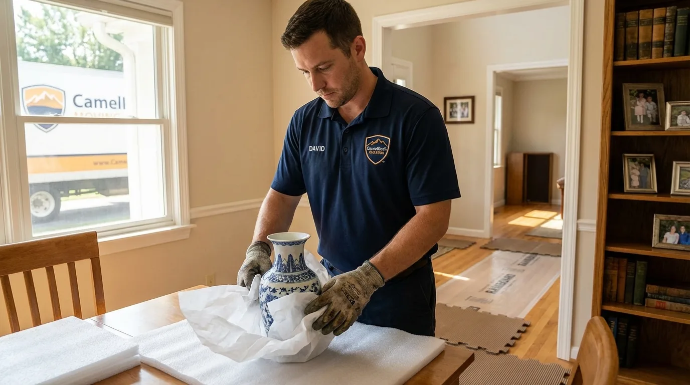 Professional crew carefully wrapping antique vase for senior downsizing move in Kirtland, NM