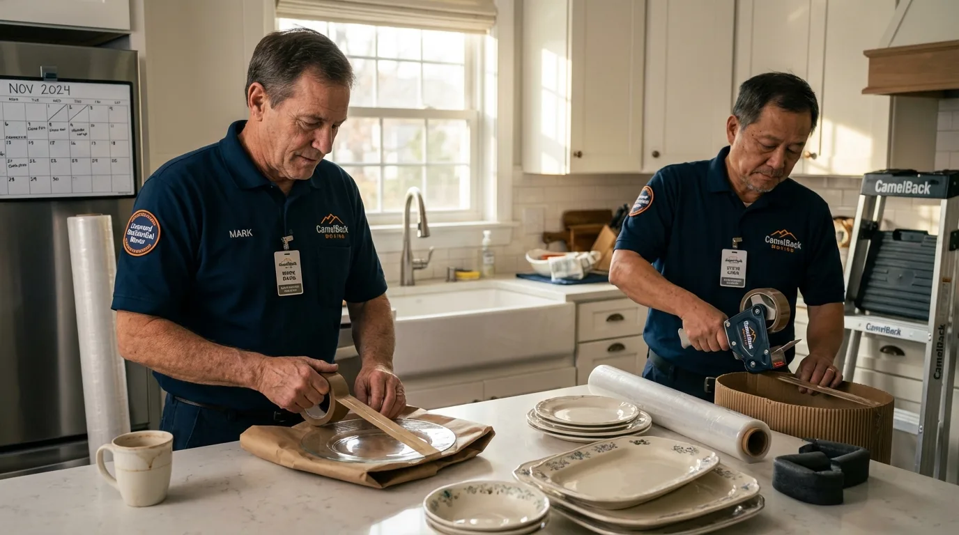 Professional crew packing kitchen dishware in Kirtland, NM